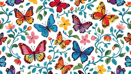 Colorful Butterflies Amongst Blooming Floral Vines