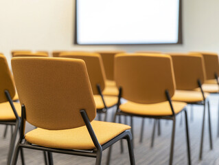 Neatly arranged chairs in business workshop setting, ready for attendees