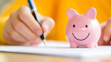 teenager is setting up their first bank account with piggy bank nearby