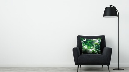 A stylish chair with a leafy cushion and modern lamp in a minimalist room.