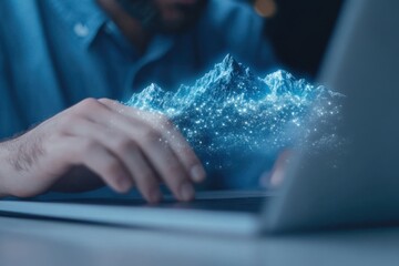 man typing on laptop with digital mountain overlay