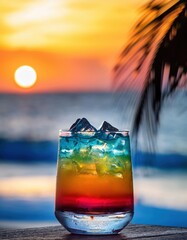 Enjoy a vibrant cocktail with layers of bright colors, served on a wooden table as the sun sets over the tranquil ocean. A perfect image to evoke relaxation and summer vibes