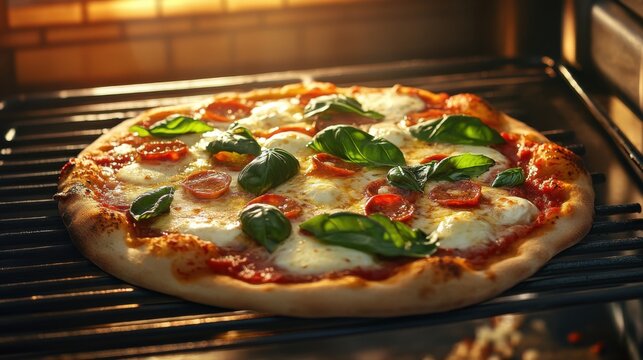 Freshly Baked Pizza with Cheese Pepperoni and Basil Toppings - Powered by Adobe