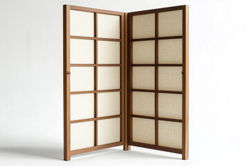  Foldable room divider with linen panels and teak frame. Isolated on white background