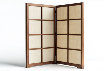  Foldable room divider with linen panels and teak frame. Isolated on white background