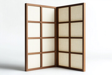  Foldable room divider with linen panels and teak frame. Isolated on white background