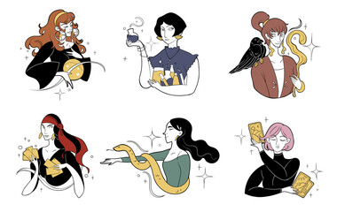 Future telling. Tarot cards divination. Wizard ball. Woman fortuneteller. Witch reading magic oracle crystal. Gypsy with magical animal. Astrology horoscope. Vector enchantresses set