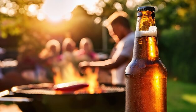 A cold beer shines with condensation, lifted in celebration as friends gather around a barbecue, enjoying the warmth of a sunny evening and moments of relaxation