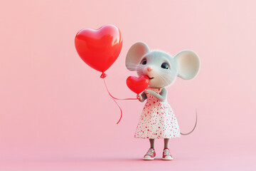 Fototapeta premium A cute girl grey mouse in a dress and sneakers holds a red heart-shaped balloon, radiating joy and happiness against a soft pastel background