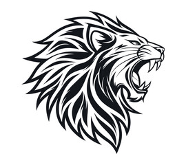 A high-contrast black and white vector illustration of a roaring lion's head,