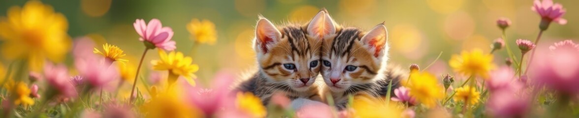 Softly cuddling kittens in a bed of tiny pink and yellow wildflowers, soft, kittedup