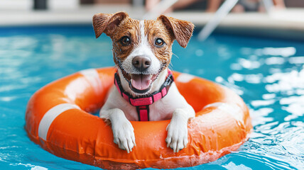 Happy Jack Russell dog wearing life vest floating in swimming pool, summer pet safety activity water training