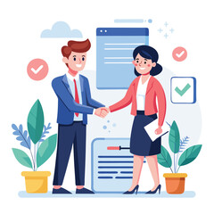 People shaking hands at work - Two businesspeople, man and woman doing handshake in office at work while smiling over business agreement and deal. Flat design stock illustration on white background
