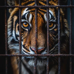 Bengal tiger behind cage bars showing eye wildlife capture photography