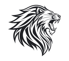 A high-contrast black and white vector illustration of a roaring lion's head,