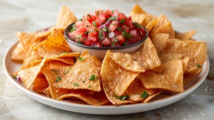 Tortilla Chips and Salsa: A clean, minimal product shot of a bowl of chunky salsa with tortilla chips elegantly placed around it, ideal for food branding.
