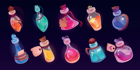 Potion bottle. Magic elixir, poison in vial or medicine jar, witch pot. Spell glass, colorful liquid. Egyptian game asset. Ui alchemist icons. Glowing isolated elements. Vector cartoon set © SpicyTruffel