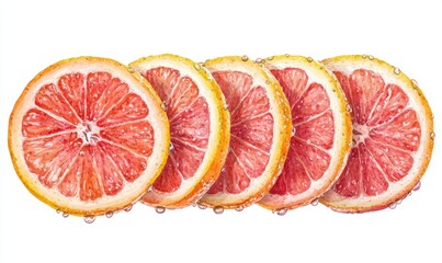 Juicy grapefruit slices, fresh citrus, water droplets, white background, food photography, healthy eating