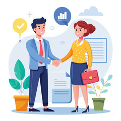 People shaking hands at work - Two businesspeople, man and woman doing handshake in office at work while smiling over business agreement and deal. Flat design stock illustration on white background