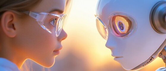 a child wearing glasses staring at a robot