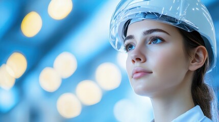 young woman in safety helmet looking up