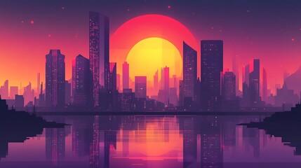 Fototapeta premium Cityscape Silhouette at Sunset Reflecting on Water