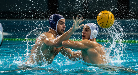 Water Polo Players Battling for the Ball in a Pool.