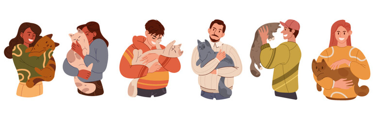 People with cat. Pet owner, woman and man person in love, cuddle happy family. Domestic animal care, friends. Veterinary. Embrace and hug. Vector characters, cartoon flat isolated illustration