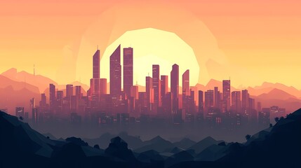 Obraz premium Sunset Cityscape Over Low Polygonal Mountains