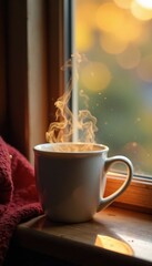 Warm steam rises from a cozy mug on a windowsill, peaceful, warm, windowsill