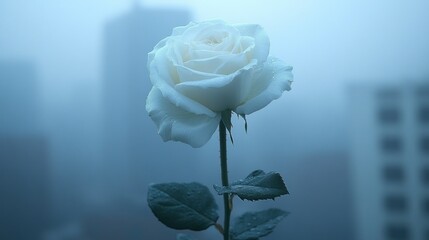 Solitary White Rose in a Foggy Cityscape
