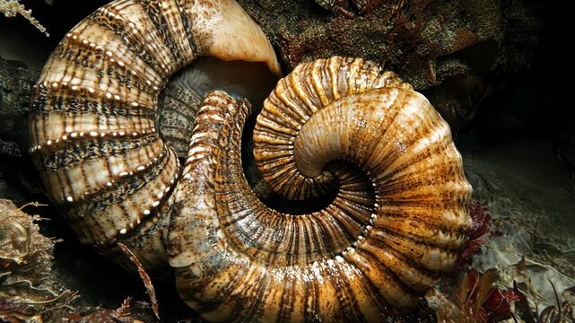Spiraled shells in underwater environment showcasing marine biodiversity and habitat at a coral reef