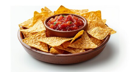 Tortilla Chips and Salsa: A clean, minimal product shot of a bowl of chunky salsa with tortilla chips elegantly placed around it, ideal for food branding.