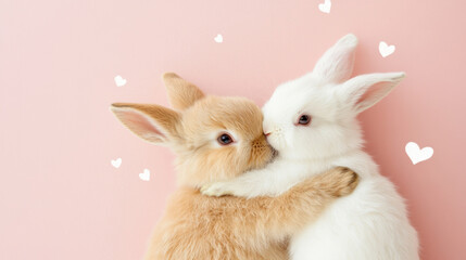 Obraz premium Two cute rabbits with hearts on pink background, St Valentines Day or Easter postcard