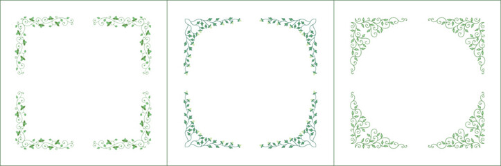 Set of three elegant green vegetal ornamental frame with leaves and flowers, decorative border. Isolated vector illustration