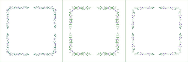 Set of three elegant green vegetal ornamental frame with bluebell flowers, decorative border. Isolated vector illustration