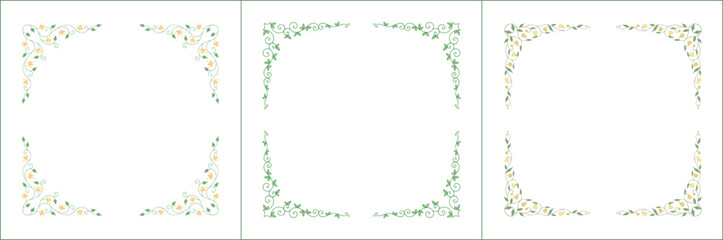 Set of three elegant green vegetal ornamental frame with yellow flowers, decorative border. Isolated vector illustration