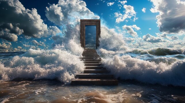 Staircase to the Sea, an enchanting ascent to a solitary door amidst turbulent waves, evoking a sense of mystery and adventure.
