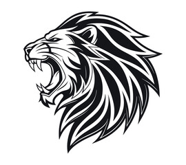 A high-contrast black and white vector illustration of a roaring lion's head,