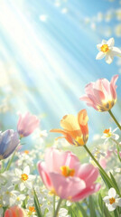 Fototapeta premium Tulip and daffodil flowers in sunny field with blue sky background, spring season