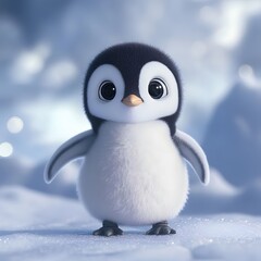 Fototapeta premium Cute animated penguin standing on snow, surrounded by a frosty landscape with soft lighting