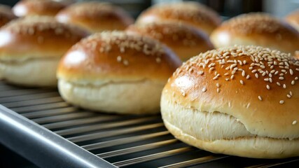 Freshly baked golden buns topped with sesame seeds cool on a rack in a bakery setting