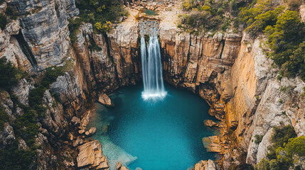 Aerial drone view of picturesque waterfall cascading into clear blue pool surrounded by rocky cliffs.