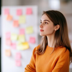 woman in orange sweater looking at ideas on whiteboard
