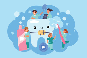 Tiny dentists treat big tooth. Small kids doctors. Children take oral care. Hygiene education. Girls cleaning molar with paste and brush. Boys use floss for braces. Garish vector concept