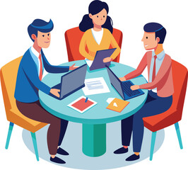 People shaking hands at work - Two businesspeople, man and woman doing handshake in office at work while smiling over business agreement and deal. Flat design stock illustration on white background