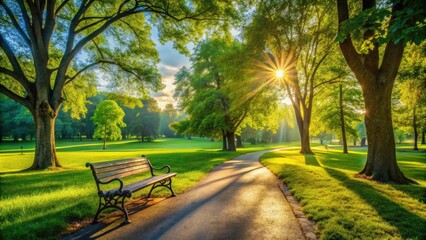 Fototapeta premium Serene summer scene: sunlit park path winds past benches beneath leafy trees, inviting relaxation.