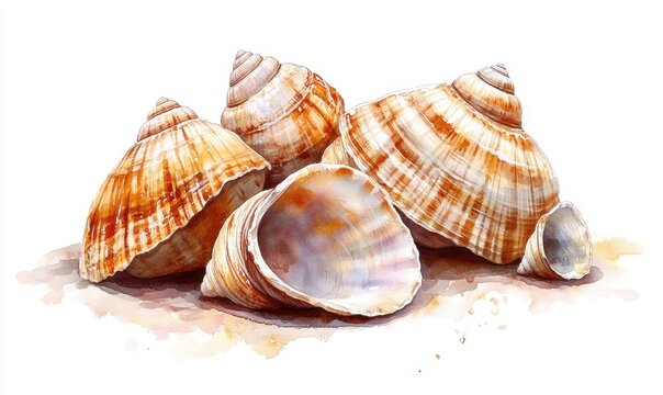 Seashells on sand, watercolor painting, summer beach background, nature illustration