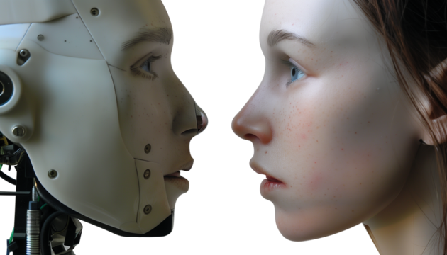 Cute girl portrait and android robot face to face
