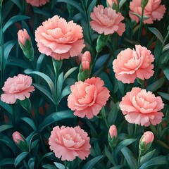 Fototapeta premium Detailed closeup of pink carnation flower vibrant green leaves natural background